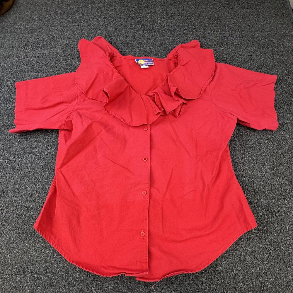 Vtg Cricket Of The Creek Blouse Womens M Red Collared Ruffle Button Woven Casual